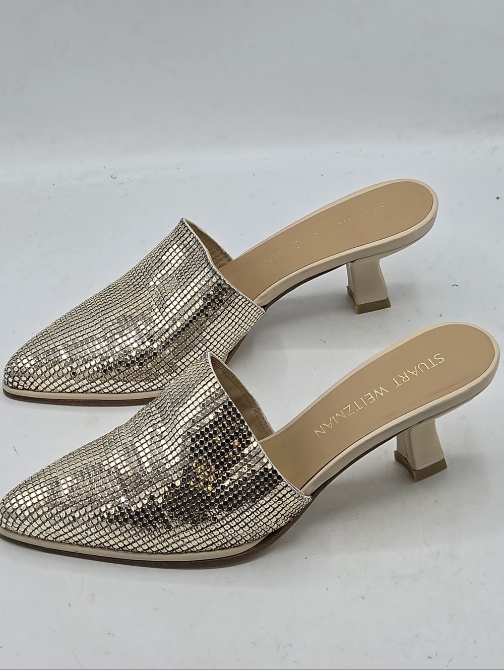 Stuart Weitzman Svelt Pipe "Roman Mail" Metallic Mules Size 6 M - Picture 6 of 16